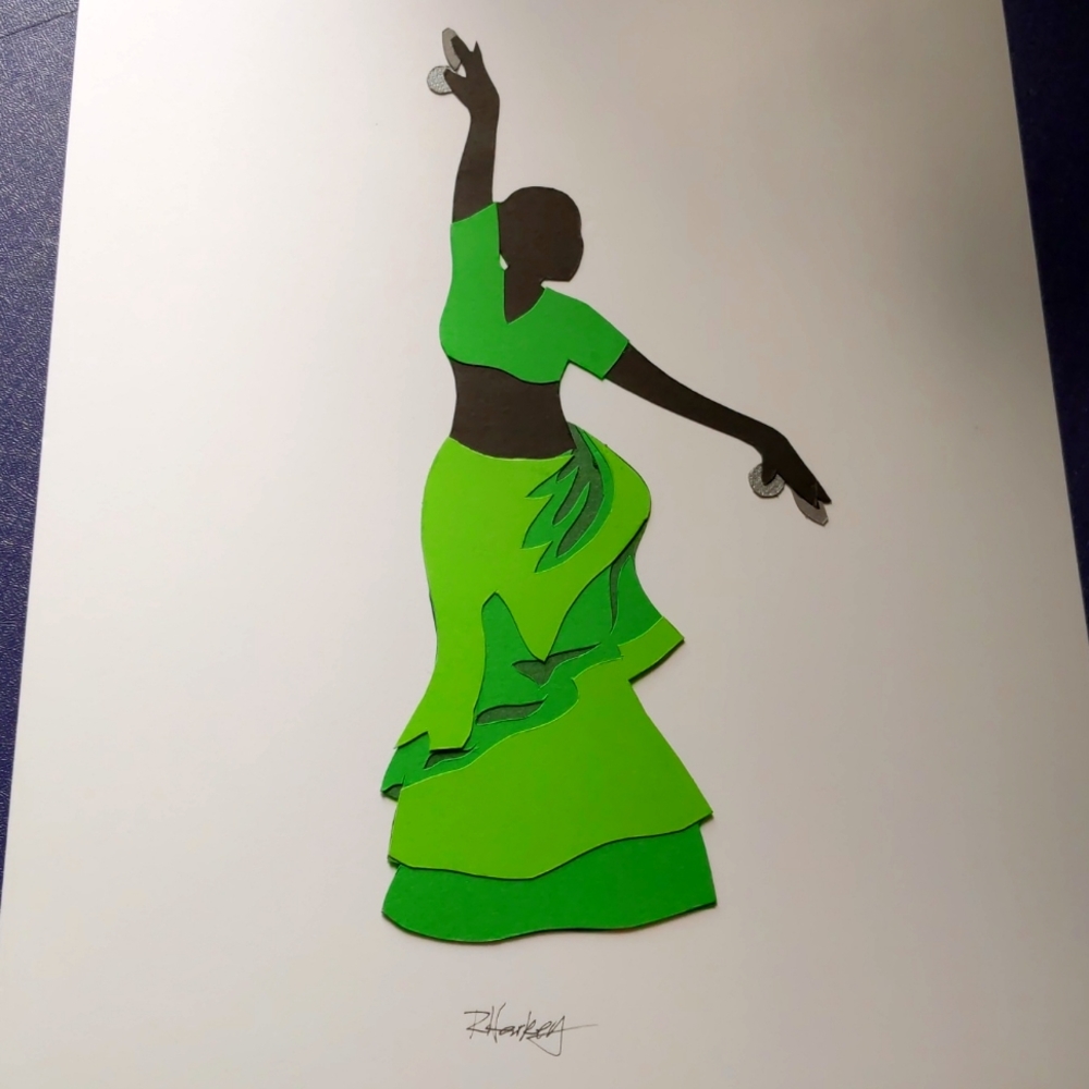 Paper art, green and black belly dancer